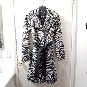 KARL LAGERFELD PARIS Zebra-Print Faux Fur Belted Trench Coat sz XS